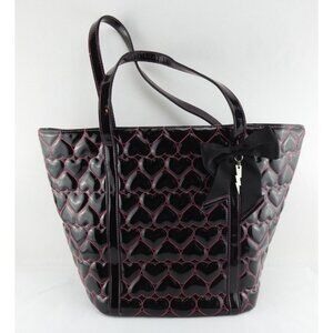 Betsey Johnson Black Patent Quilted Heart Tote Bag Pink Stitching Bow Charm
